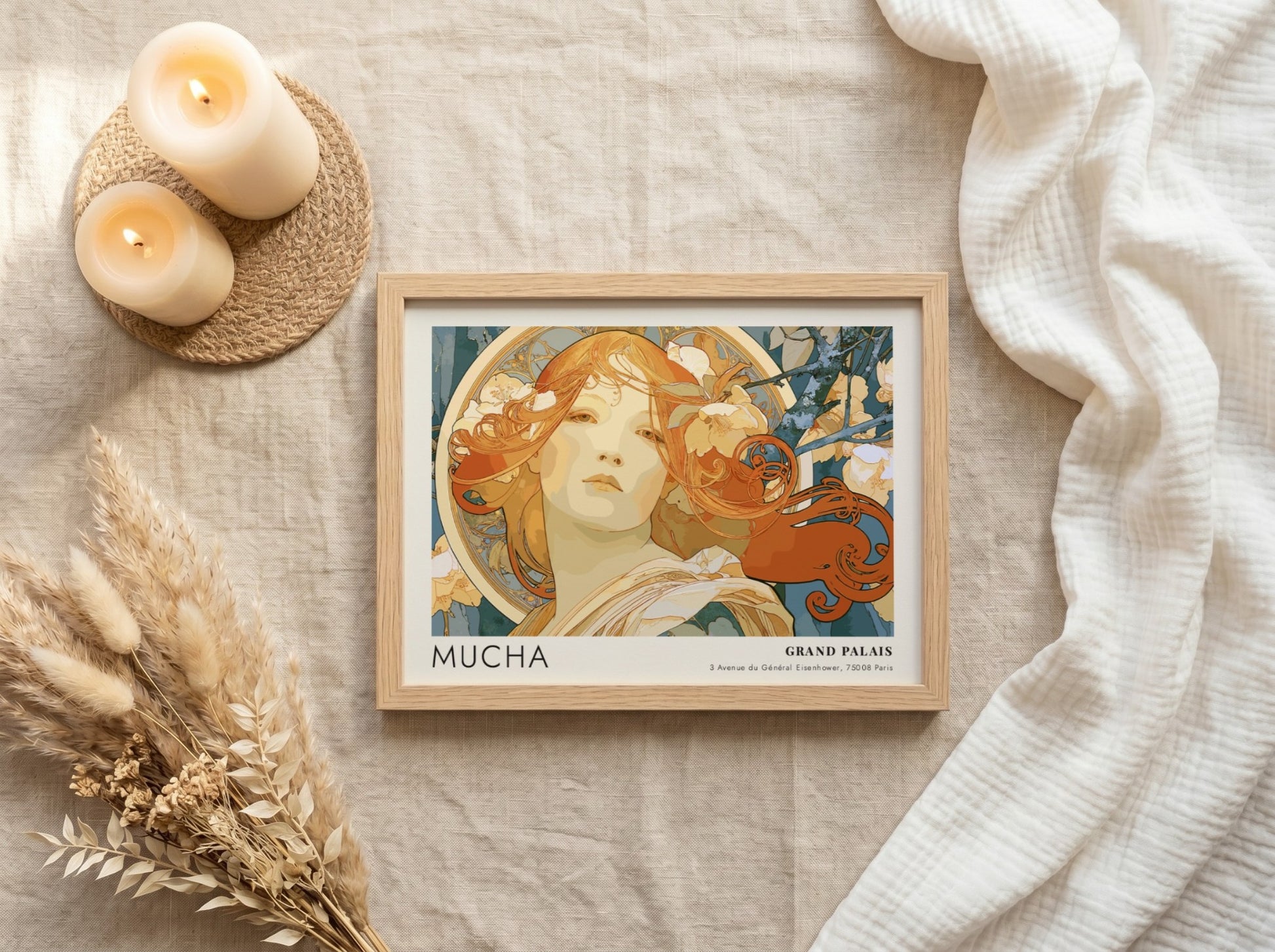 Wall art poster featuring an Alphonse Mucha portrait in amber and teal tones.