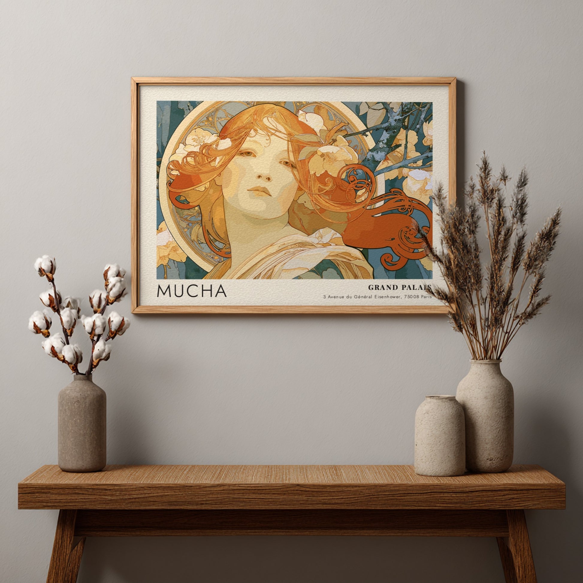 Wall art poster featuring an Alphonse Mucha portrait in amber and teal tones.