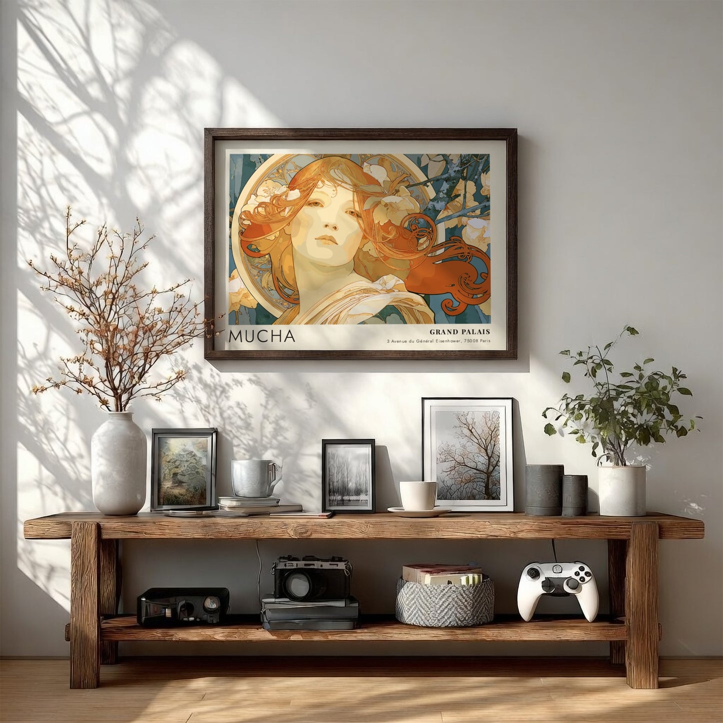 Wall art poster featuring an Alphonse Mucha portrait in amber and teal tones.