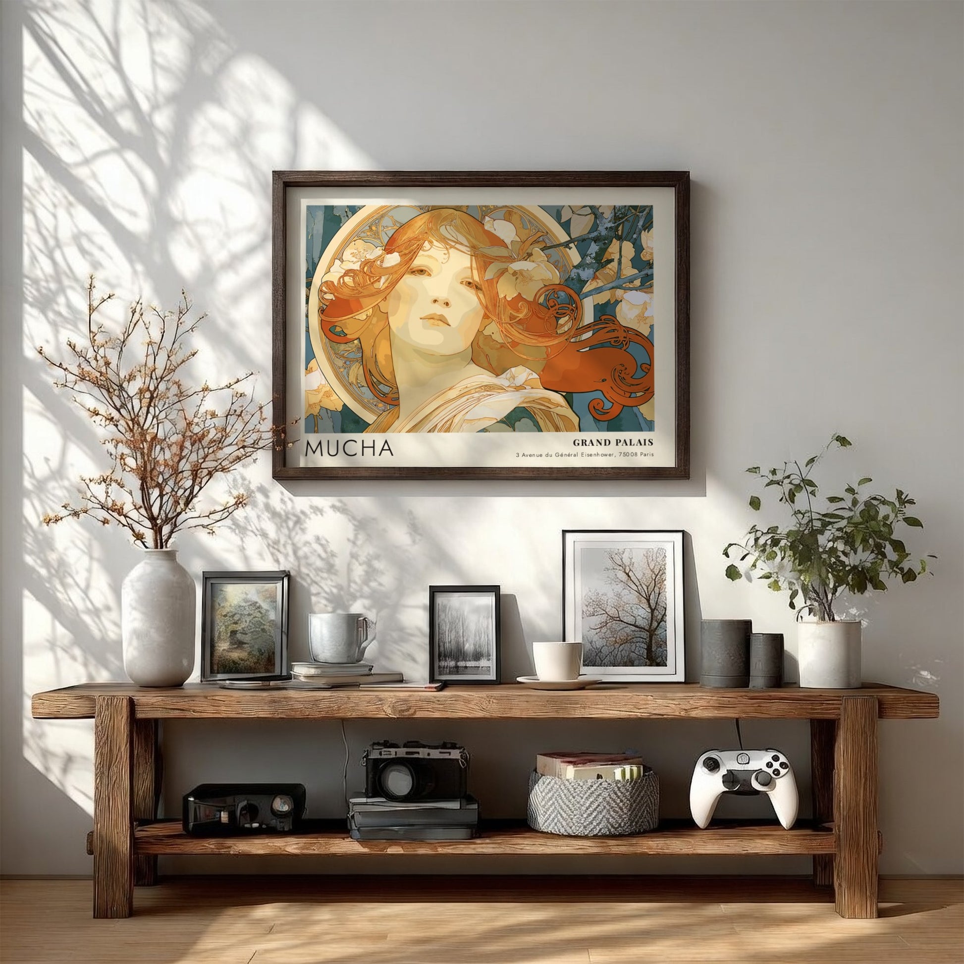 Wall art poster featuring an Alphonse Mucha portrait in amber and teal tones.
