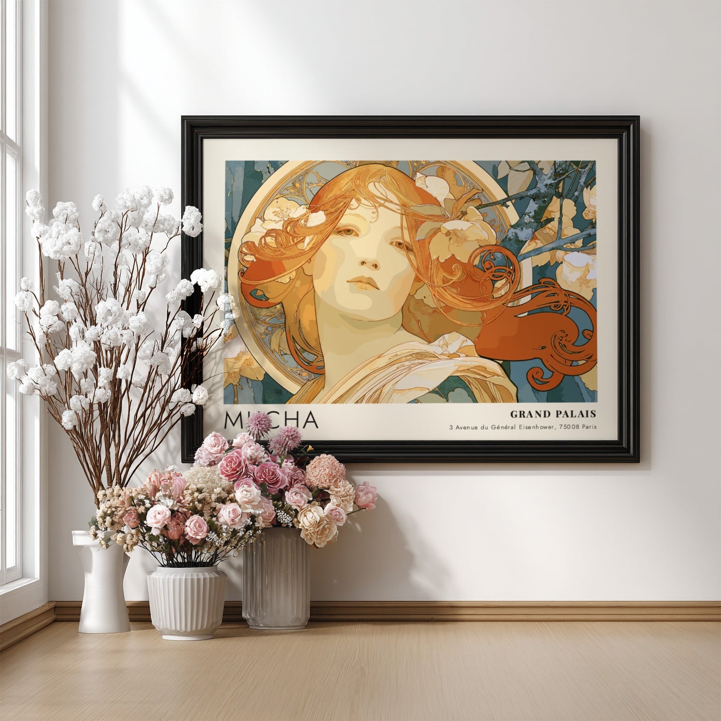 Wall art poster featuring an Alphonse Mucha portrait in amber and teal tones.