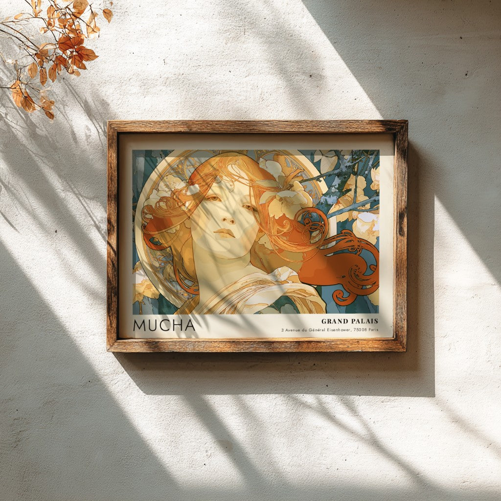 Wall art poster featuring an Alphonse Mucha portrait in amber and teal tones.