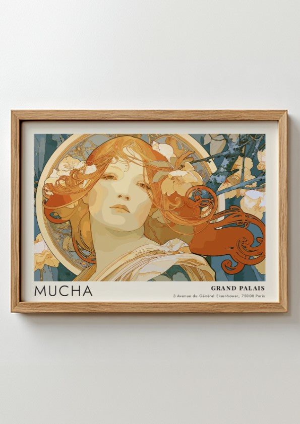 Wall art poster featuring an Alphonse Mucha portrait in amber and teal tones.