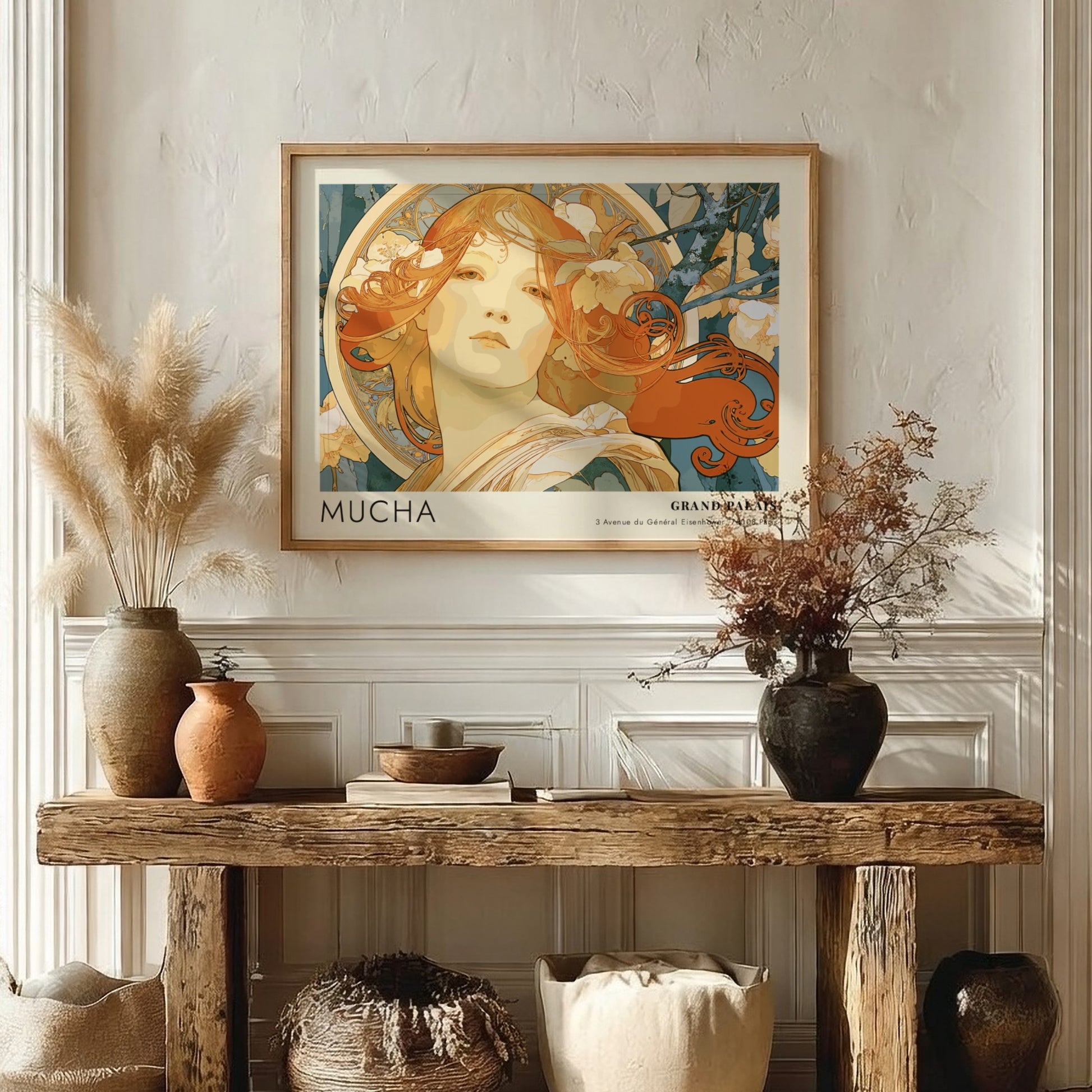 Wall art poster featuring an Alphonse Mucha portrait in amber and teal tones.