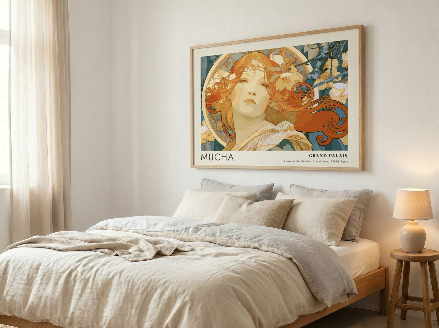 Wall art poster featuring an Alphonse Mucha portrait in amber and teal tones.