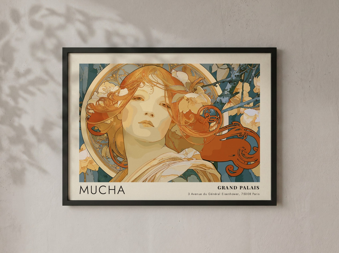 Wall art poster featuring an Alphonse Mucha portrait in amber and teal tones.