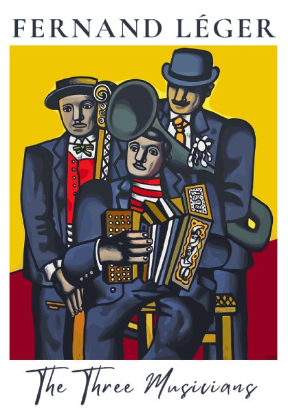Poster of Fernand Léger's "The Three Musicians" in Cubist style with bold colors.
