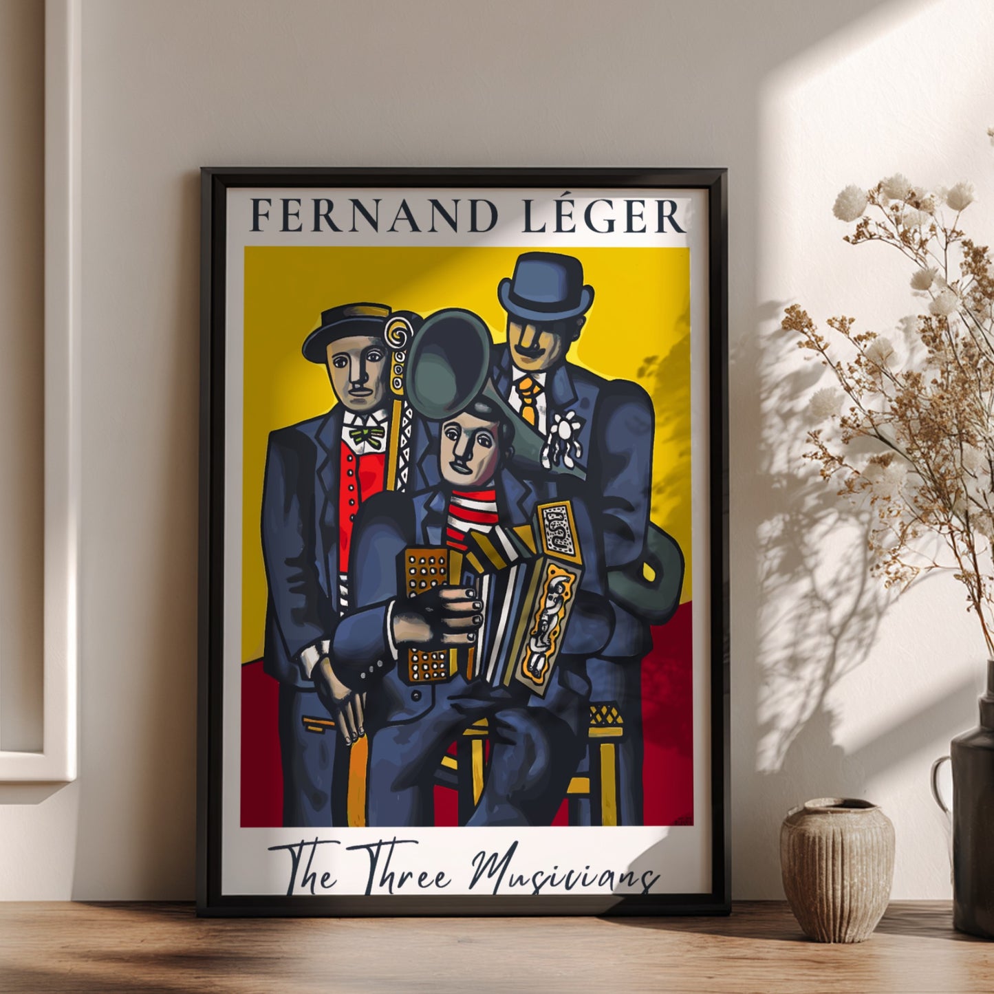 Poster of Fernand Léger's "The Three Musicians" in Cubist style with bold colors.