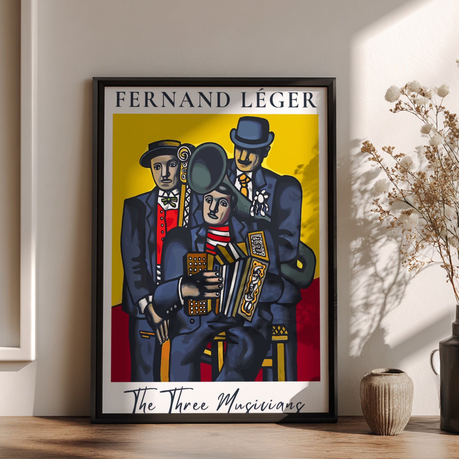 Poster of Fernand Léger's "The Three Musicians" in Cubist style with bold colors.