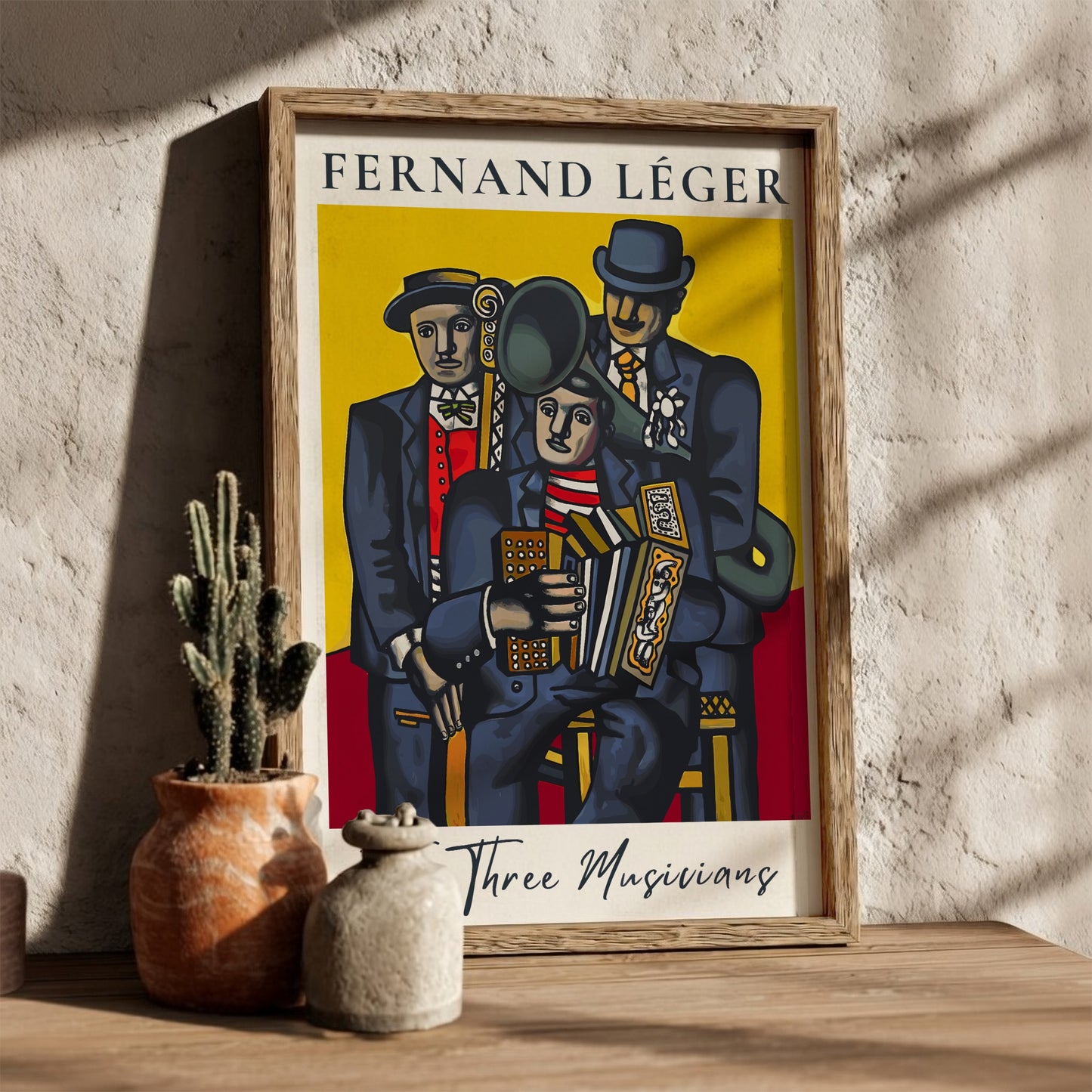 Poster of Fernand Léger's "The Three Musicians" in Cubist style with bold colors.