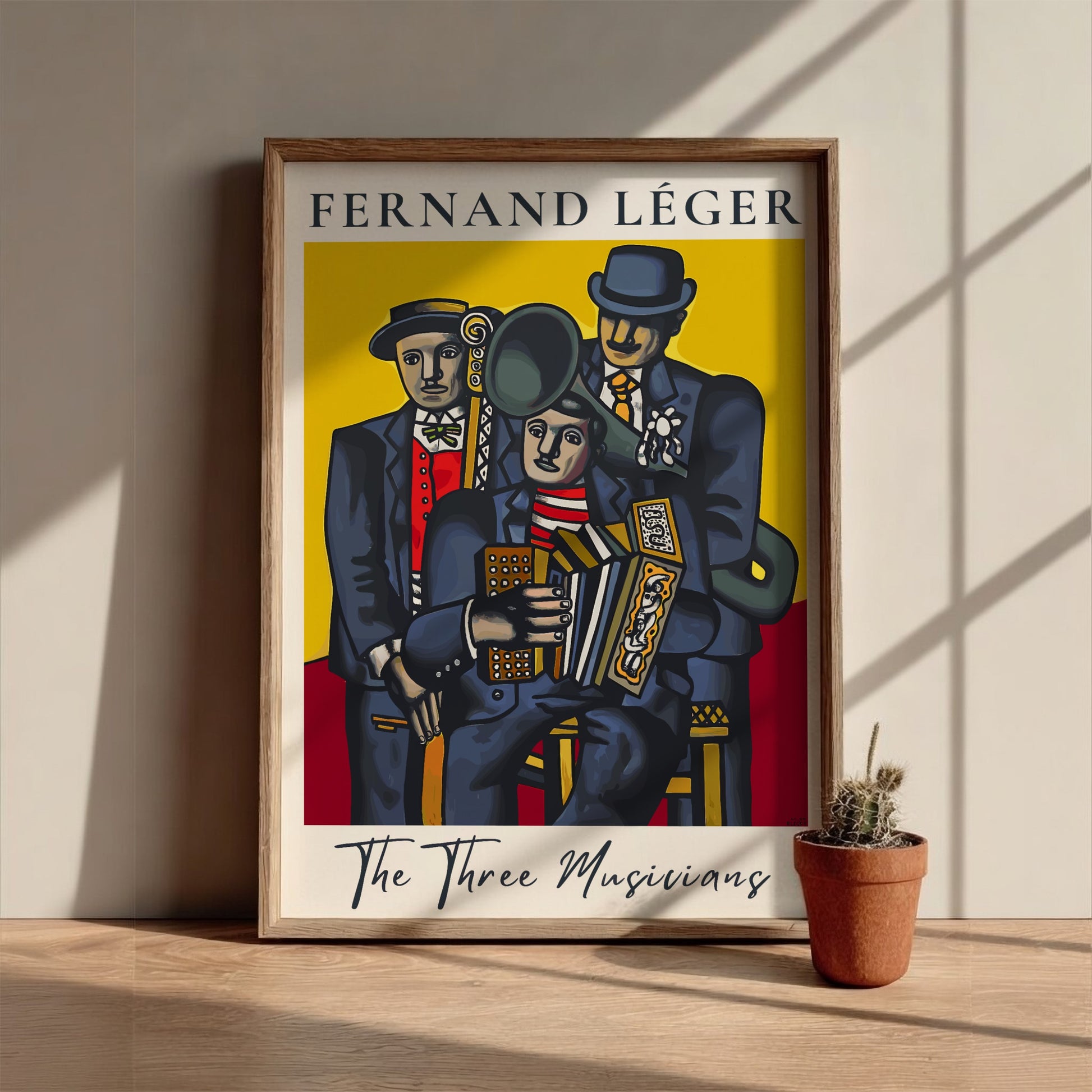 Poster of Fernand Léger's "The Three Musicians" in Cubist style with bold colors.
