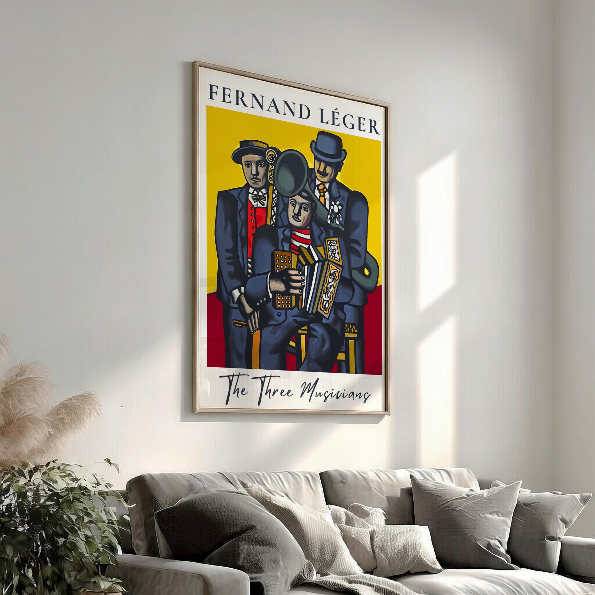 Poster of Fernand Léger's "The Three Musicians" in Cubist style with bold colors.