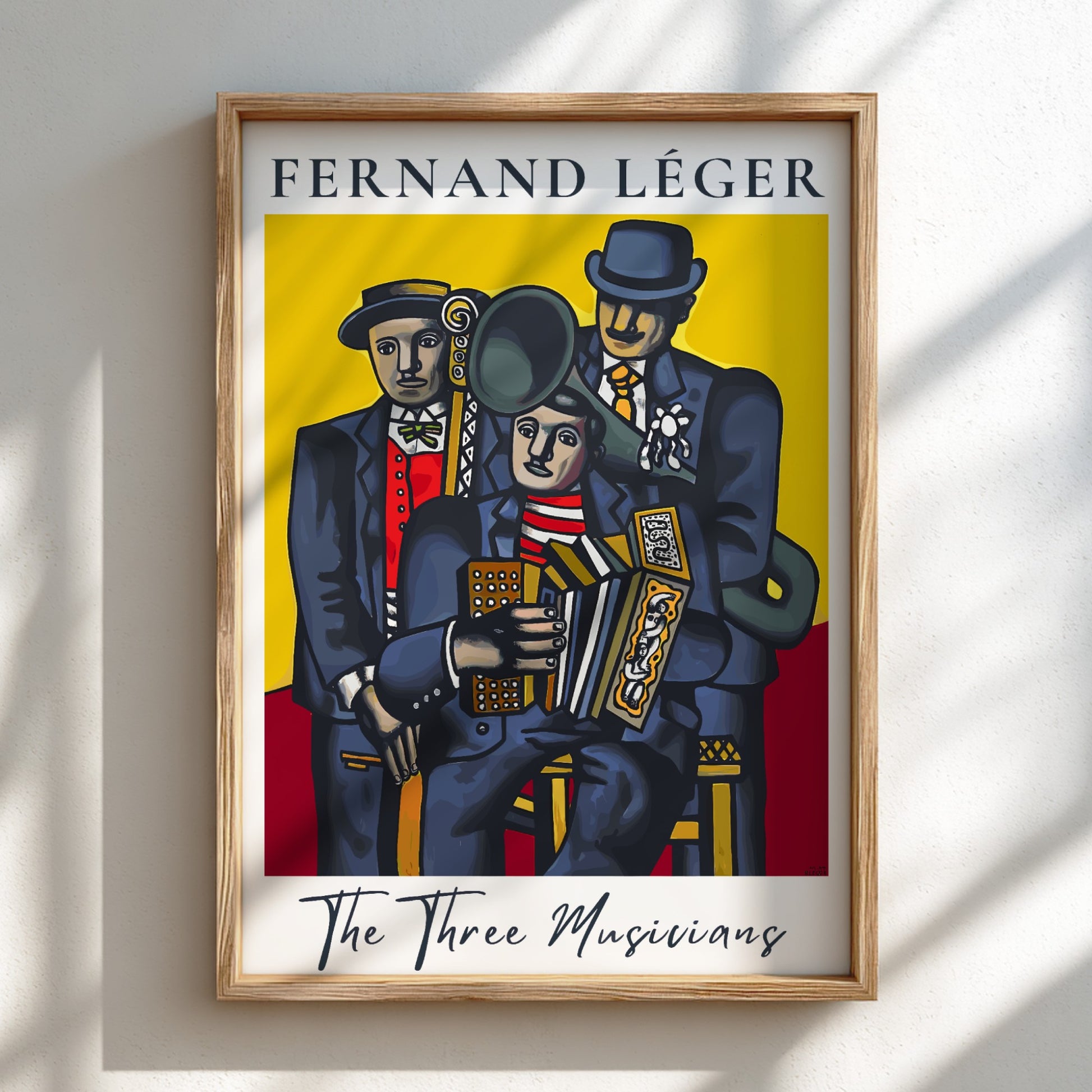 Poster of Fernand Léger's "The Three Musicians" in Cubist style with bold colors.