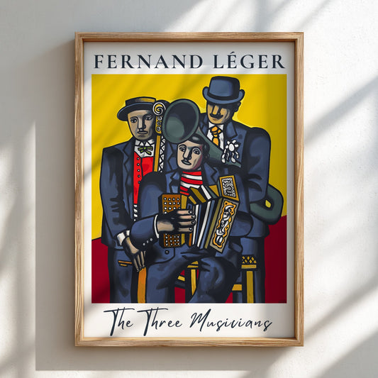 Poster of Fernand Léger's "The Three Musicians" in Cubist style with bold colors.