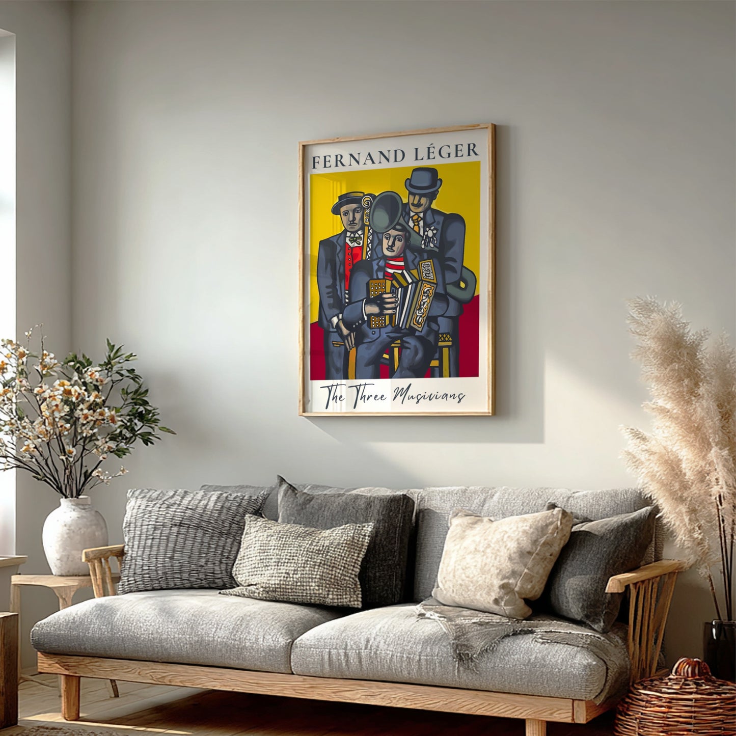 Poster of Fernand Léger's "The Three Musicians" in Cubist style with bold colors.