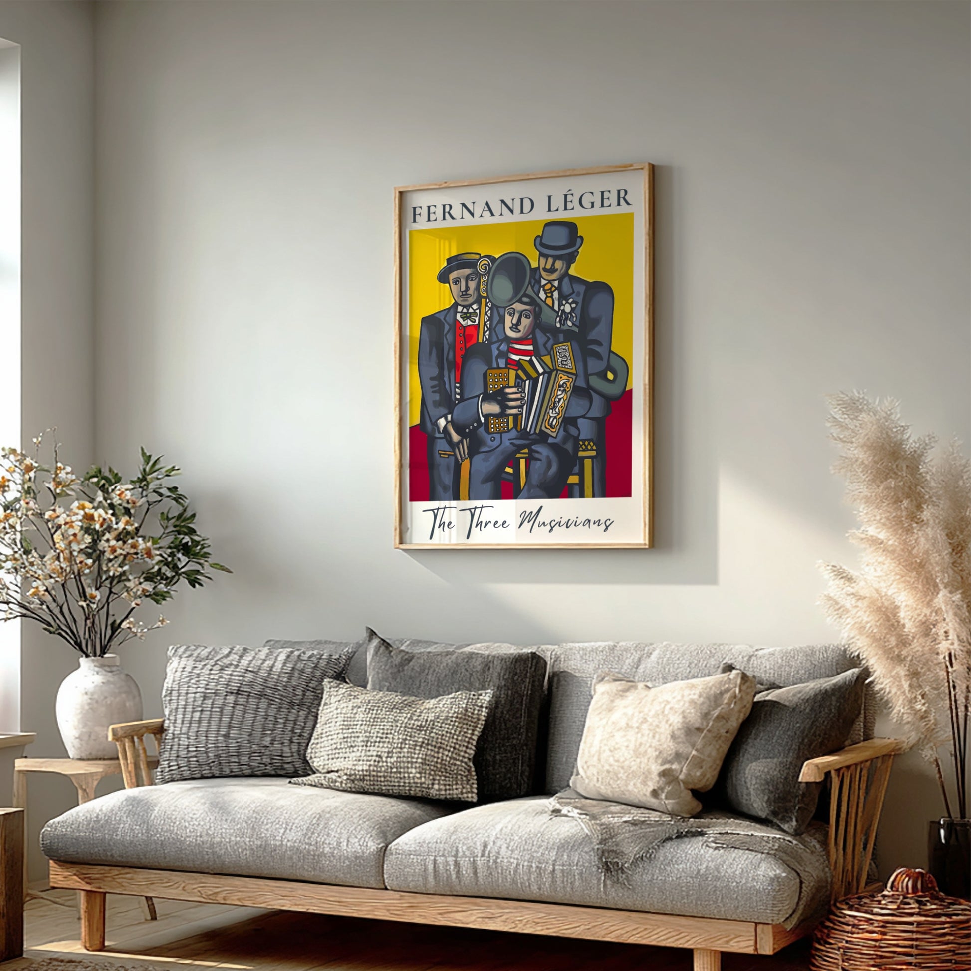 Poster of Fernand Léger's "The Three Musicians" in Cubist style with bold colors.