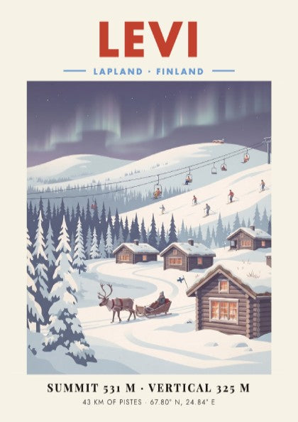 Levi ski resort poster featuring snowy landscape, cabins, and Northern Lights in vintage style