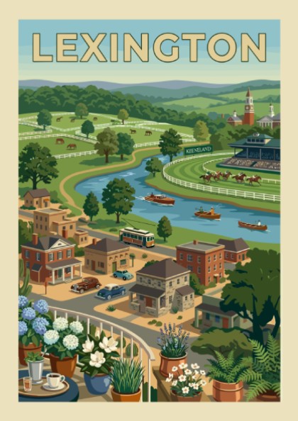 Vintage illustration art print of Lexington, Kentucky, showcasing rolling hills, a river, racecourse, and
