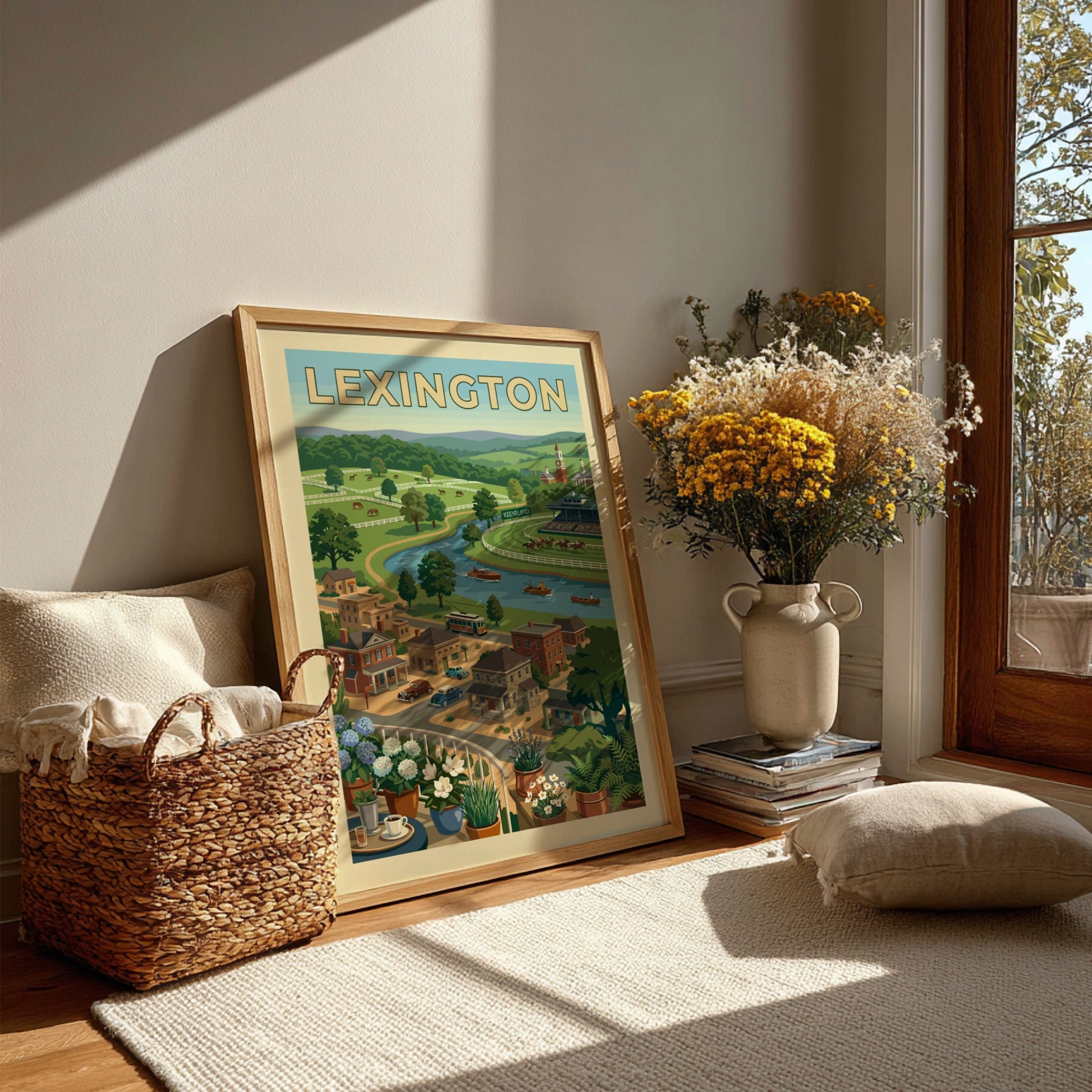 Vintage illustration art print of Lexington, Kentucky, showcasing rolling hills, a river, racecourse, and