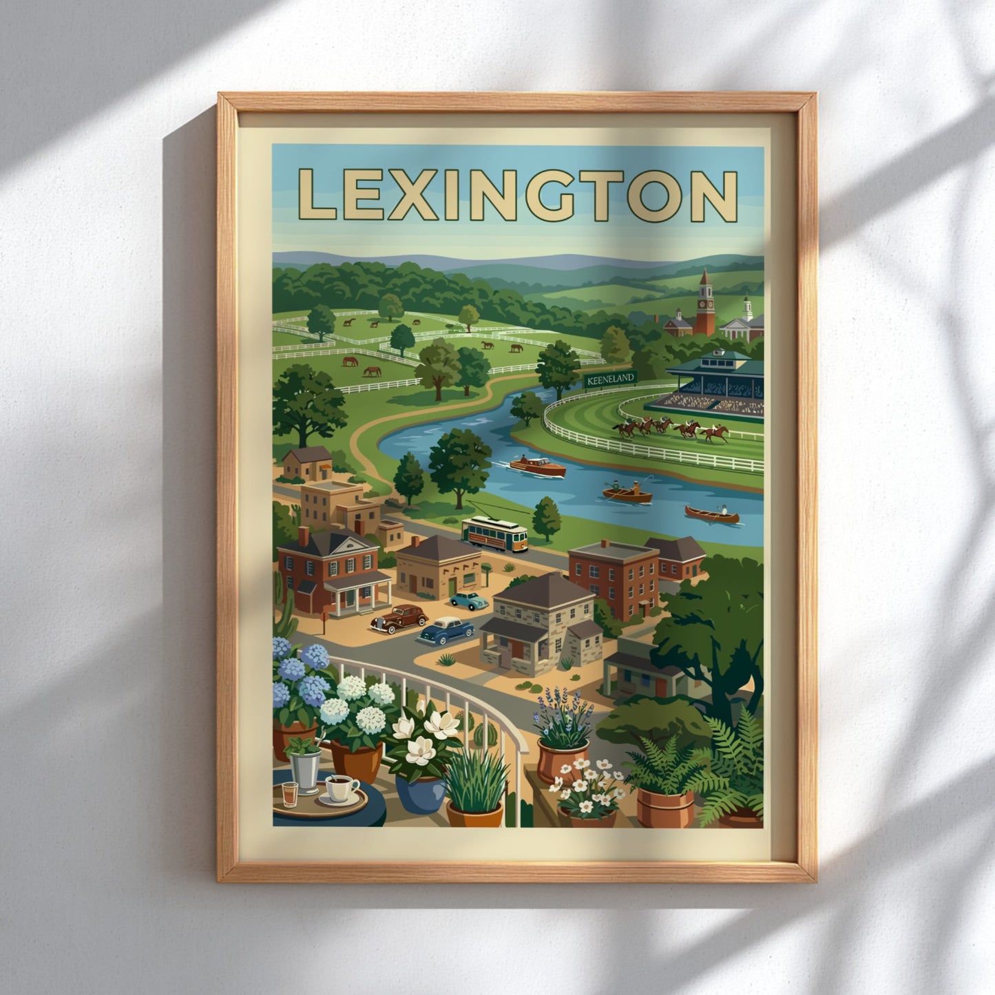 Vintage illustration art print of Lexington, Kentucky, showcasing rolling hills, a river, racecourse, and
