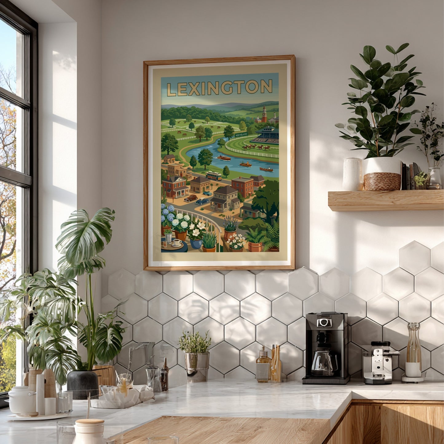 Vintage illustration art print of Lexington, Kentucky, showcasing rolling hills, a river, racecourse, and