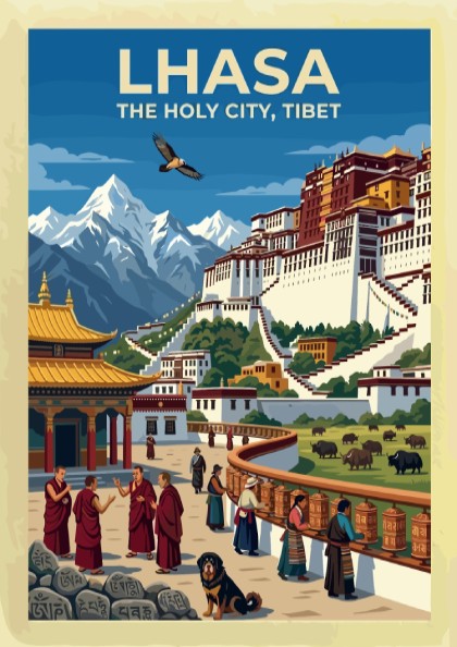 Vintage travel poster of Lhasa with the Potala Palace, monks, and mountain scenery.