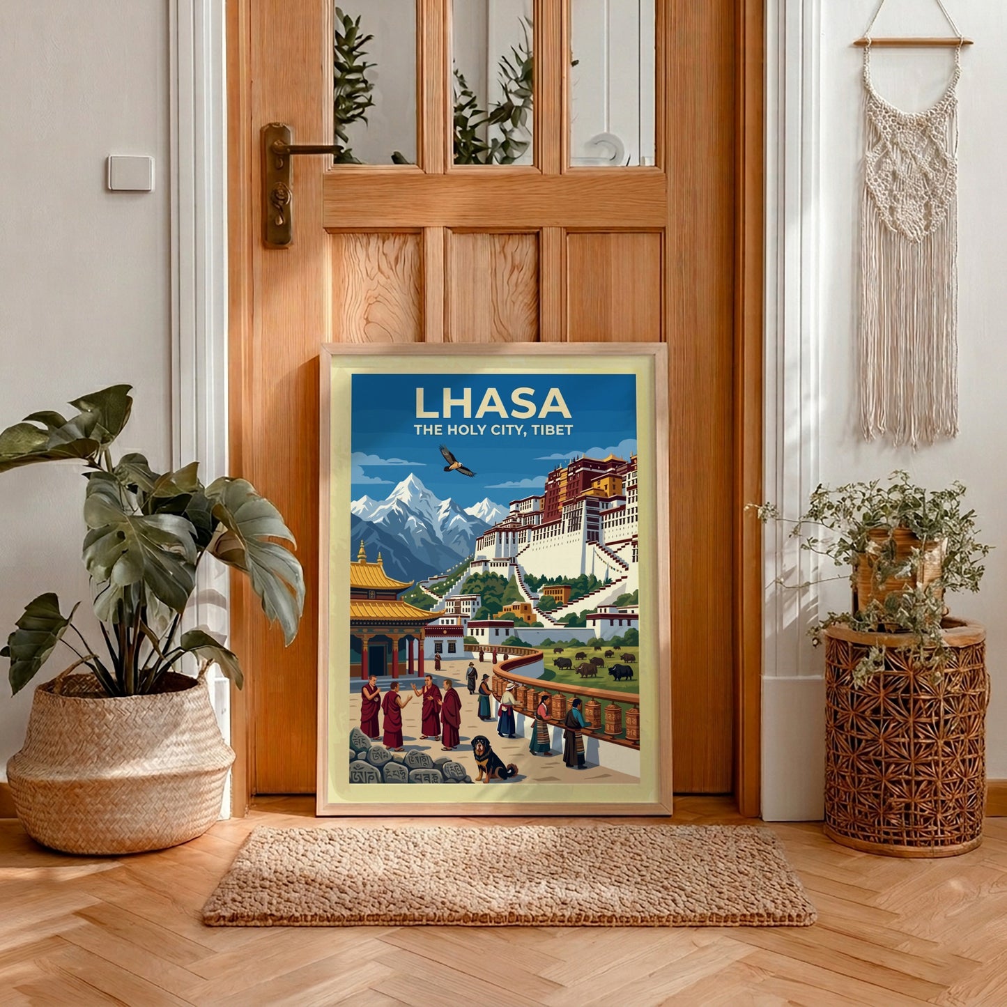 Vintage travel poster of Lhasa with the Potala Palace, monks, and mountain scenery.