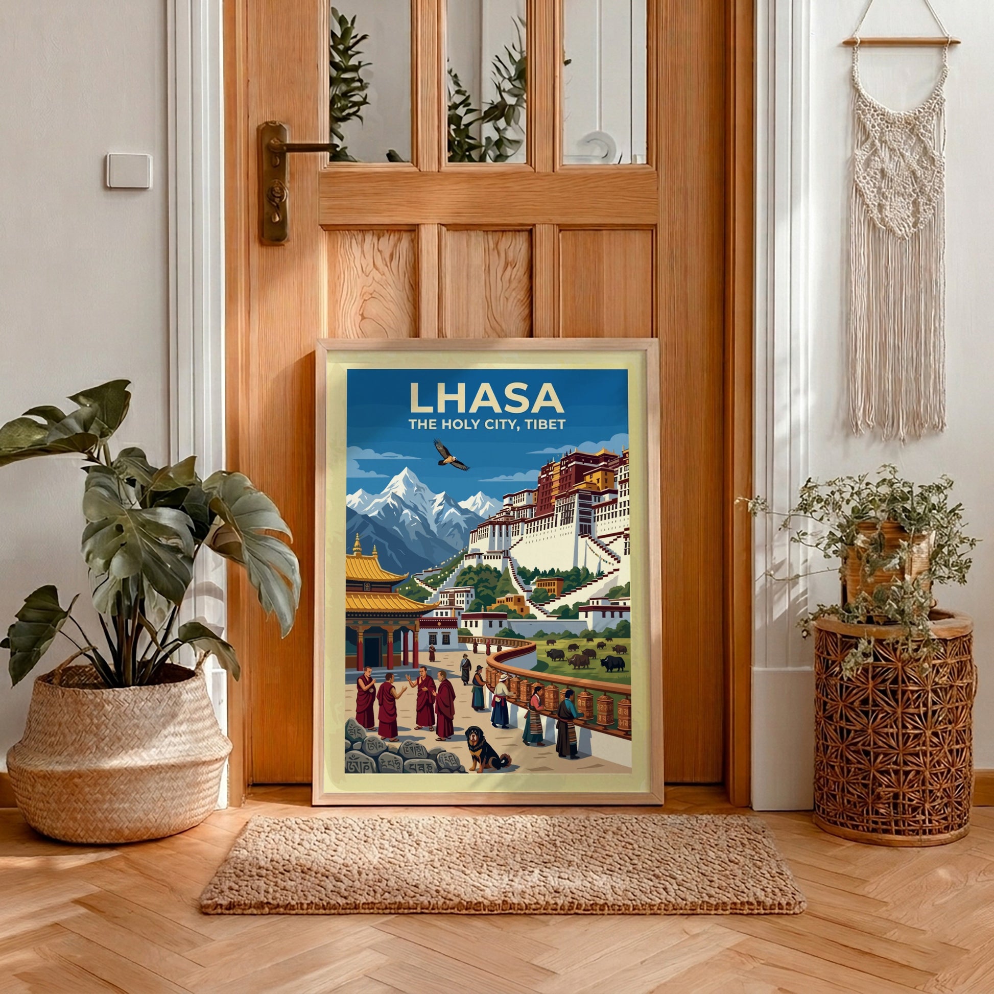 Vintage travel poster of Lhasa with the Potala Palace, monks, and mountain scenery.