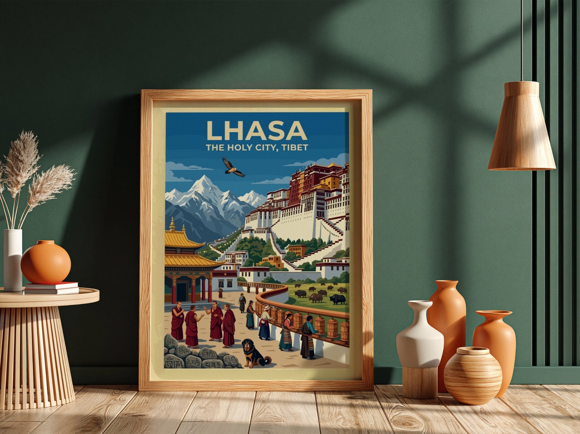 Vintage travel poster of Lhasa with the Potala Palace, monks, and mountain scenery.