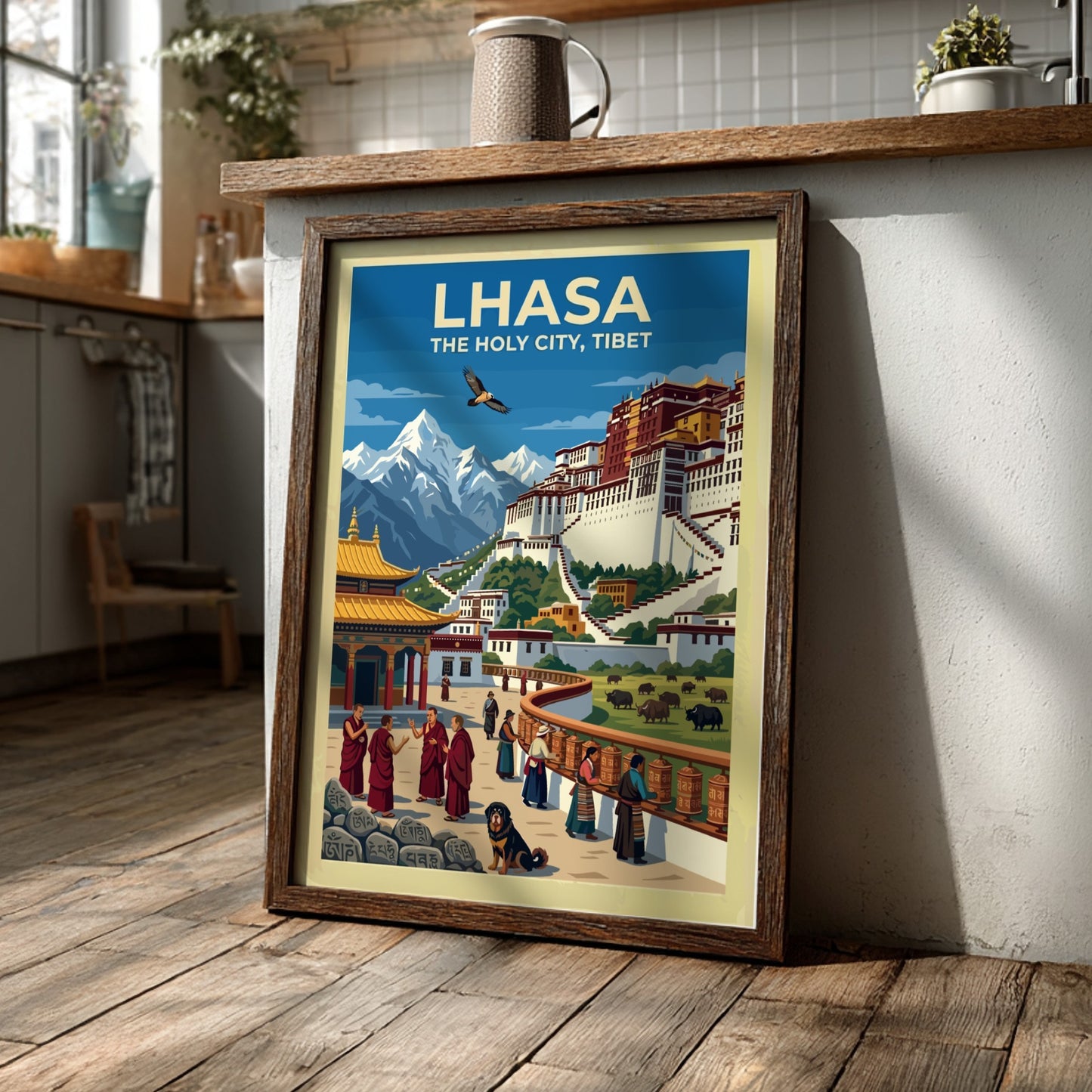 Vintage travel poster of Lhasa with the Potala Palace, monks, and mountain scenery.