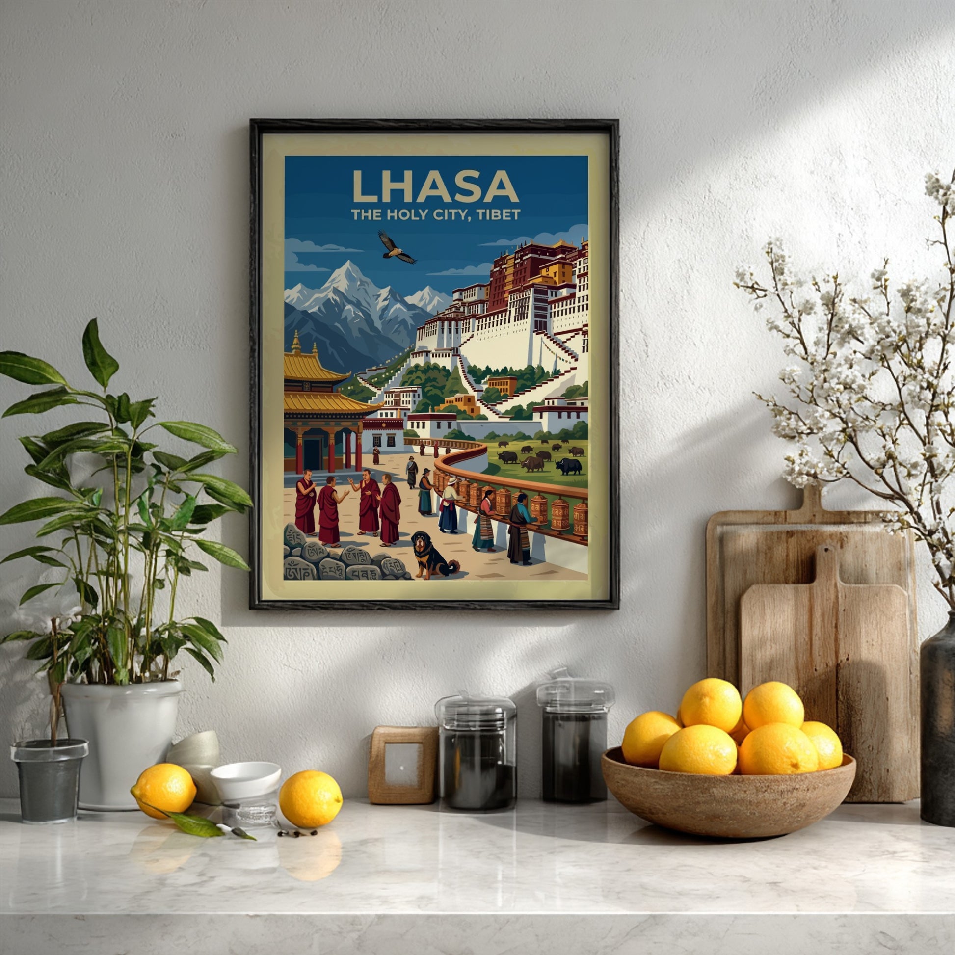 Vintage travel poster of Lhasa with the Potala Palace, monks, and mountain scenery.
