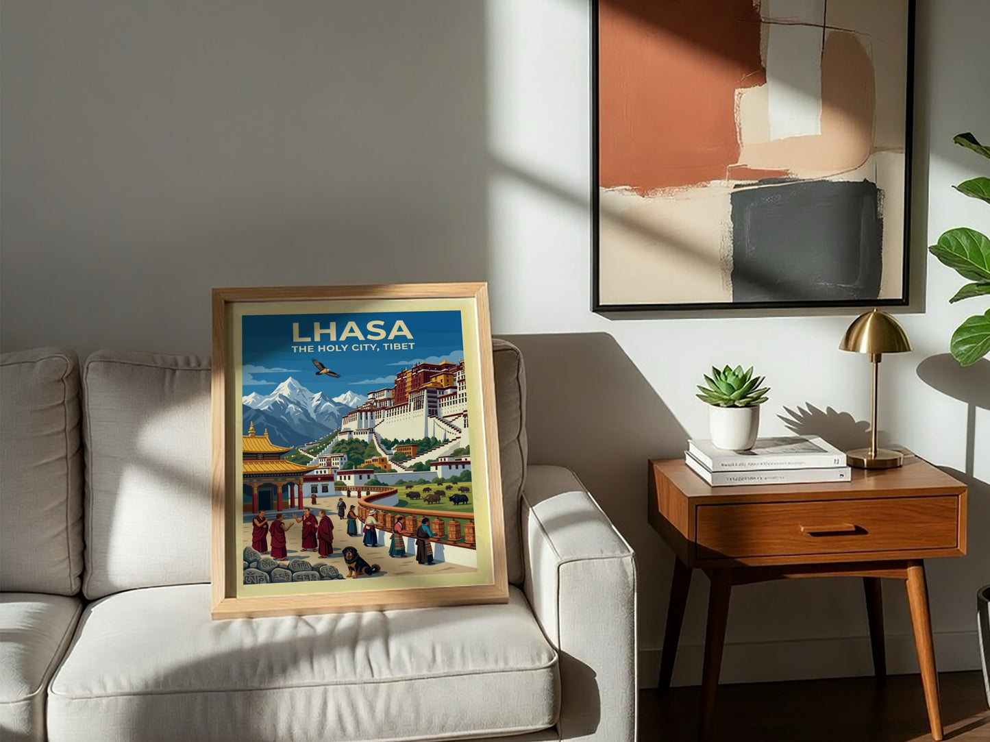Vintage travel poster of Lhasa with the Potala Palace, monks, and mountain scenery.