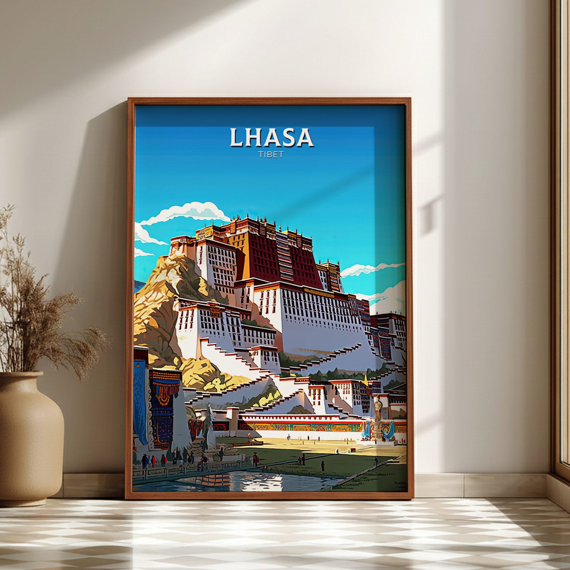 Framed artwork of Lhasa, Tibet with a building and mountain on a blue sky background.