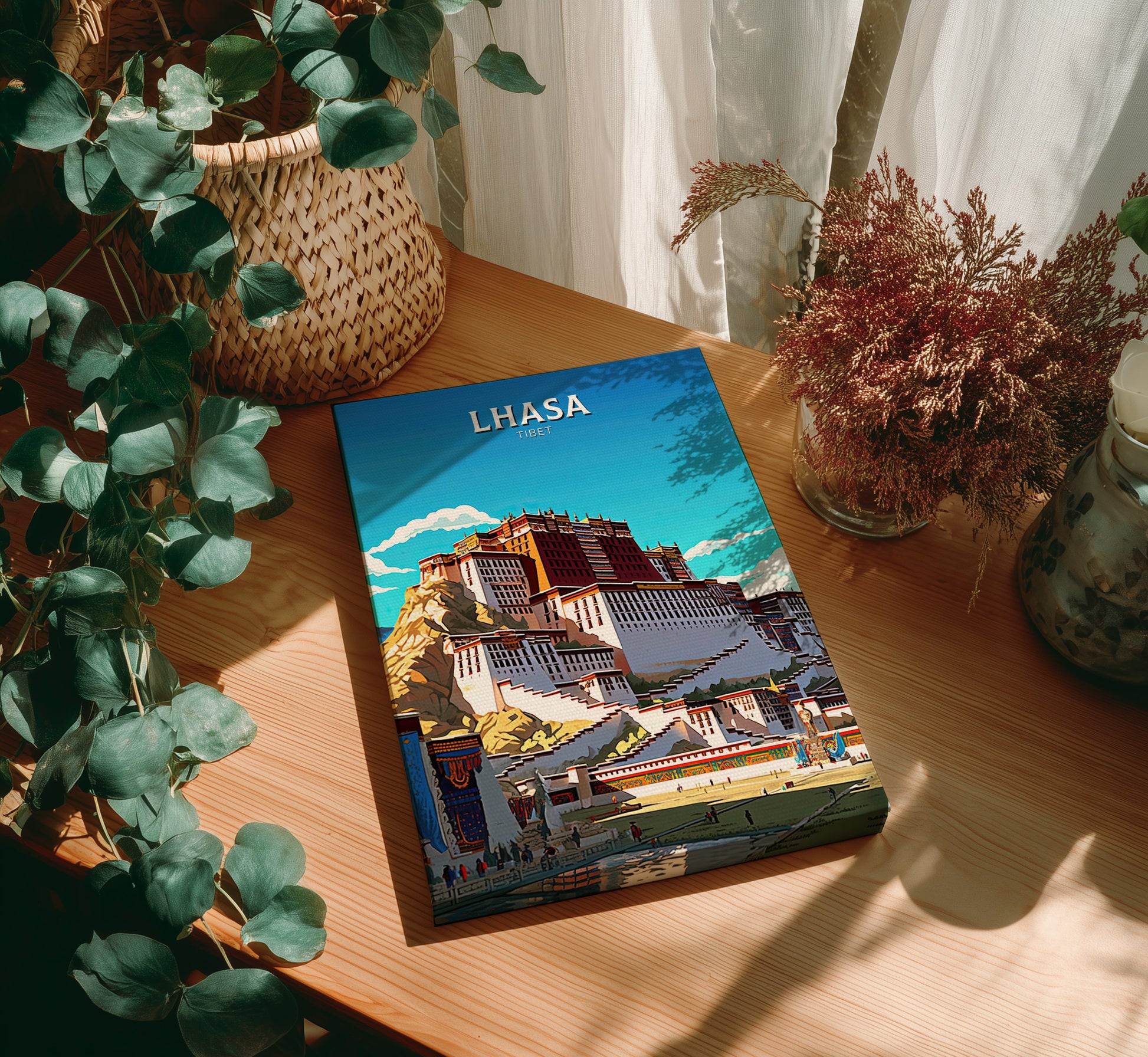 Book titled 'Lhasa' on a wooden table with plants