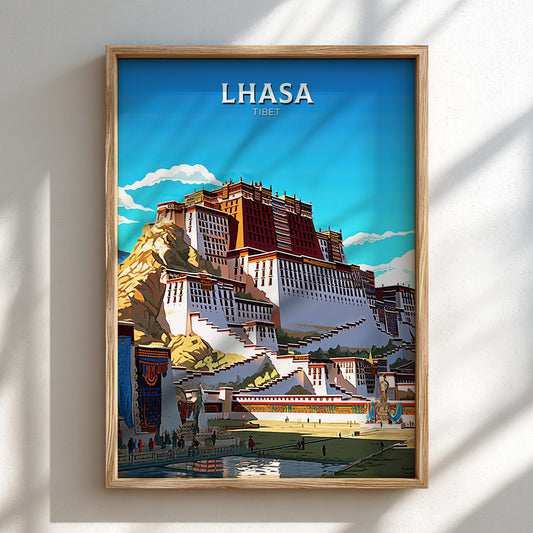 Framed poster of Lhasa, Tibet with a building and mountain on a blue sky background.