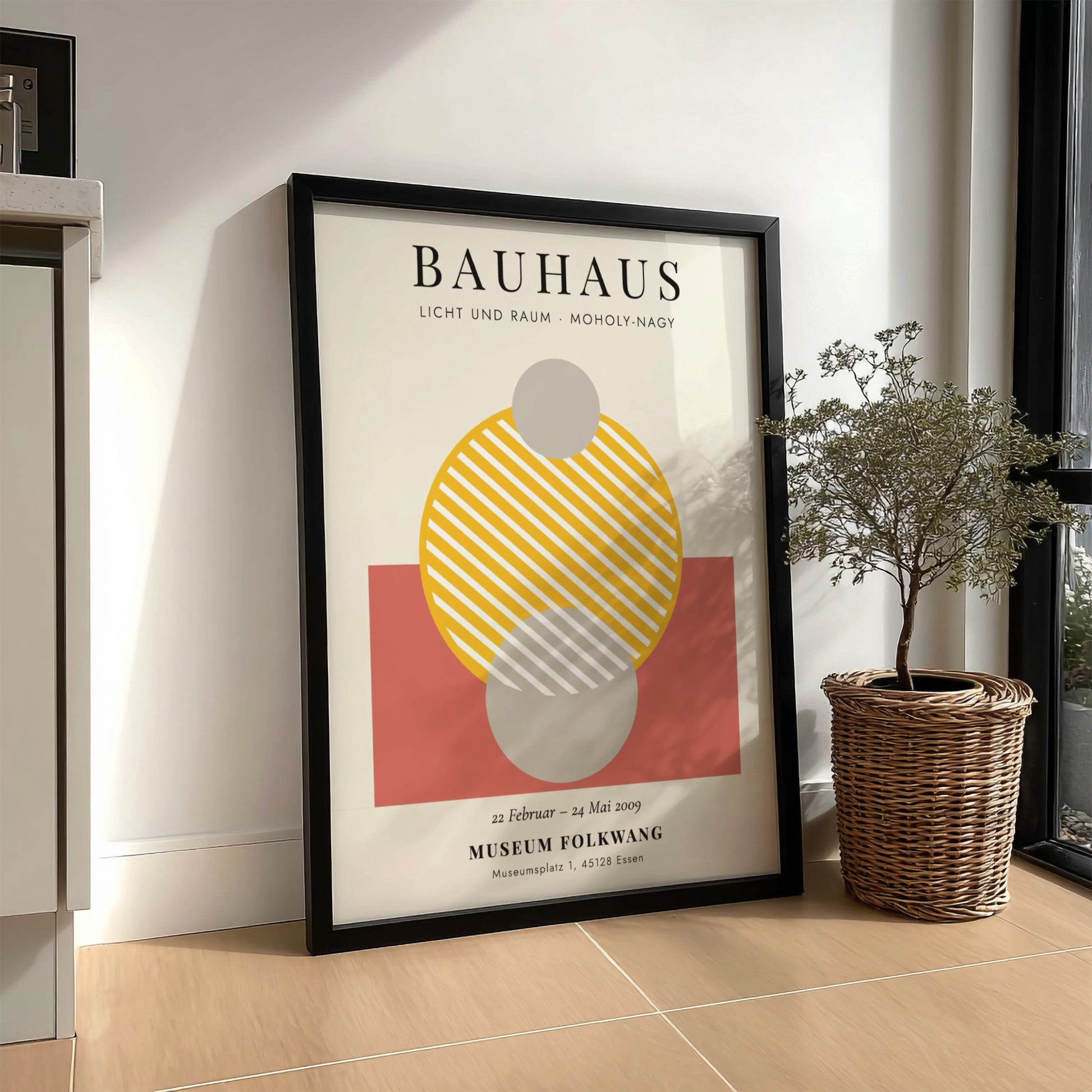 Bauhaus poster featuring geometric shapes in warm colors and modern design elements