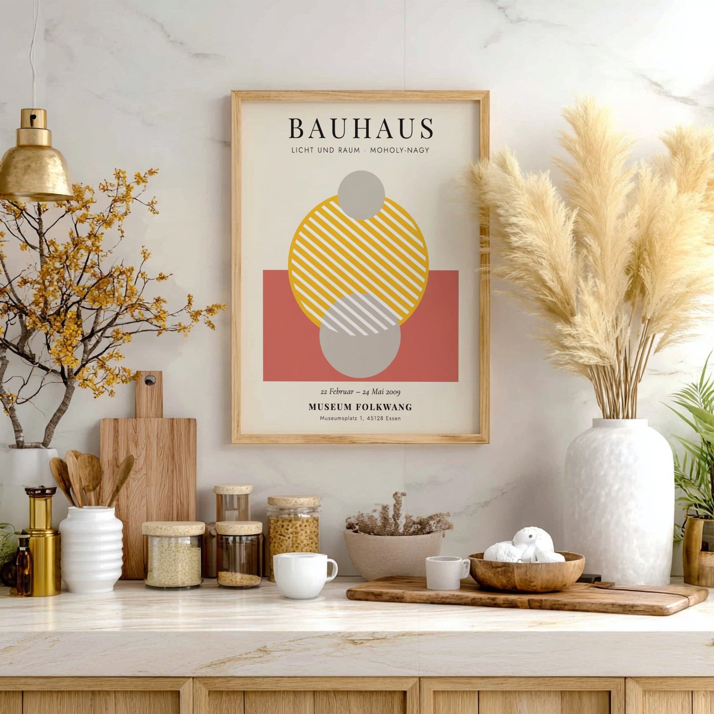 Bauhaus poster featuring geometric shapes in warm colors and modern design elements