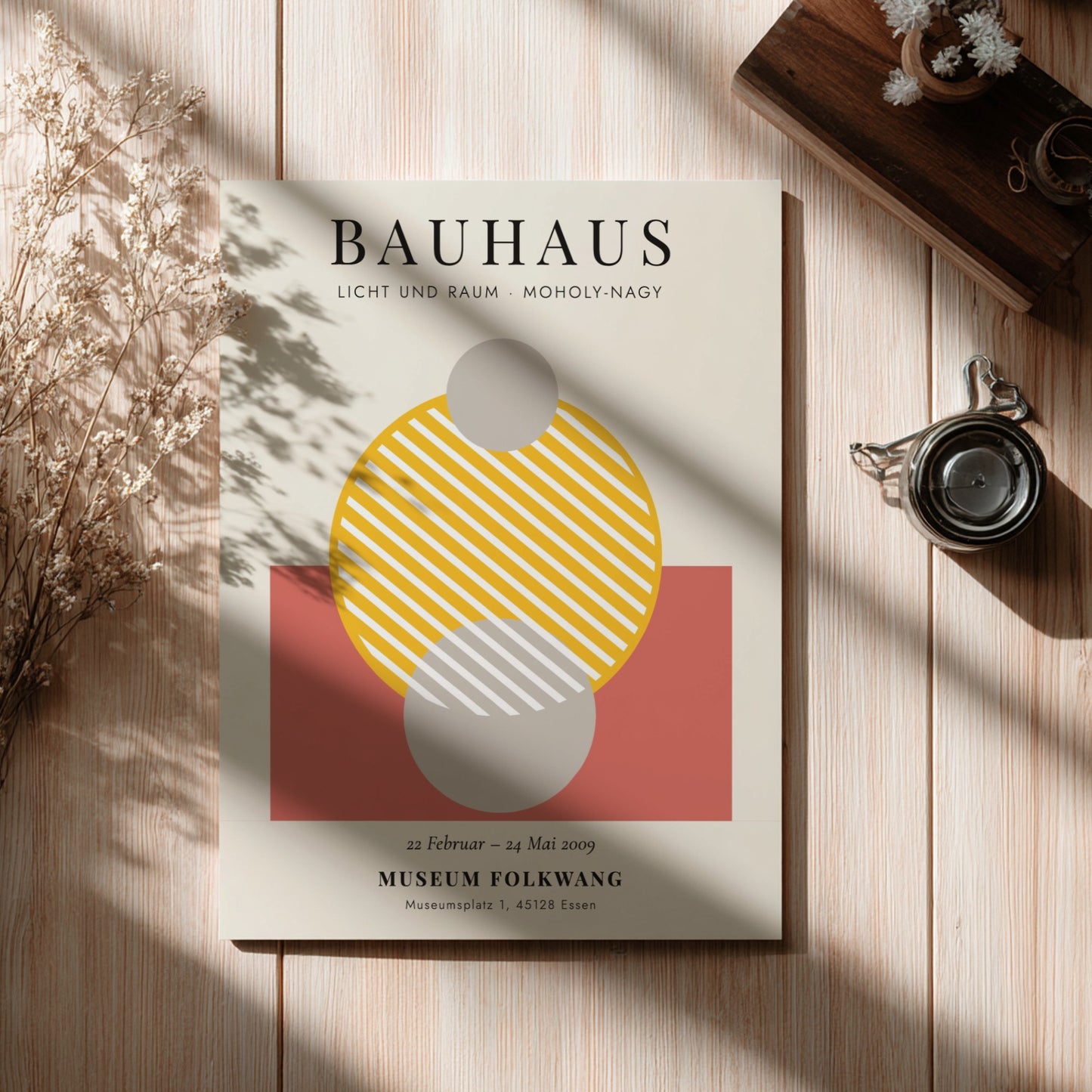 Bauhaus poster featuring geometric shapes in warm colors and modern design elements