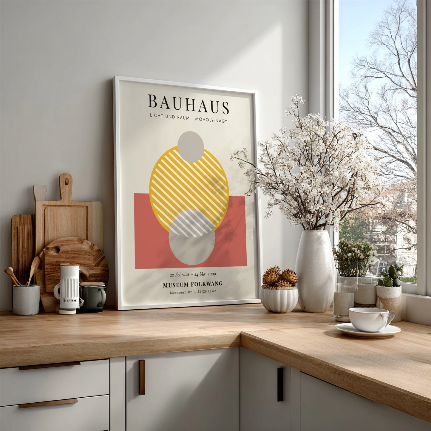 Bauhaus poster featuring geometric shapes in warm colors and modern design elements