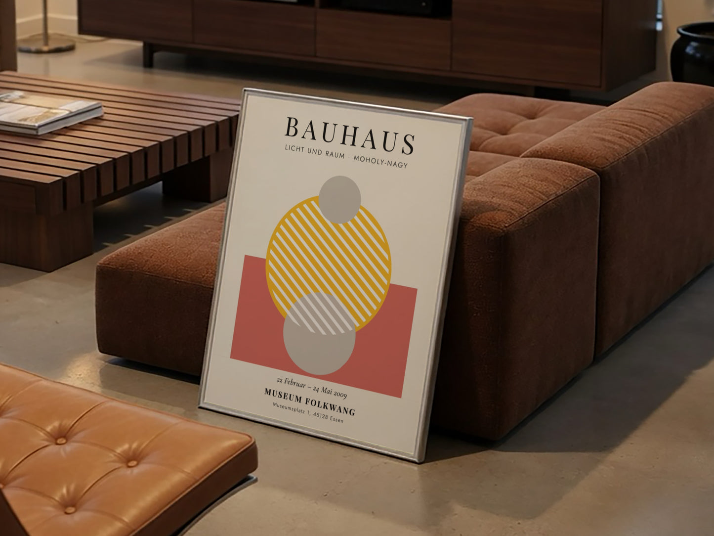 Bauhaus poster featuring geometric shapes in warm colors and modern design elements