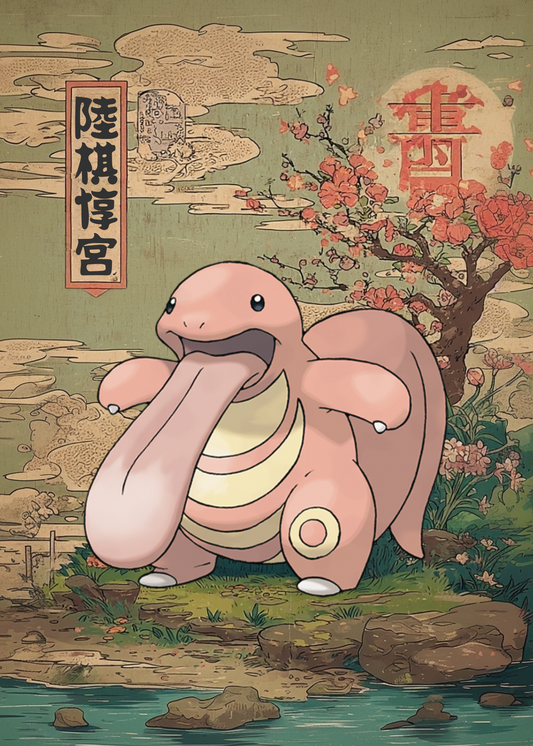 Lickitung Pokemon in a scenic setting with cherry blossoms and text