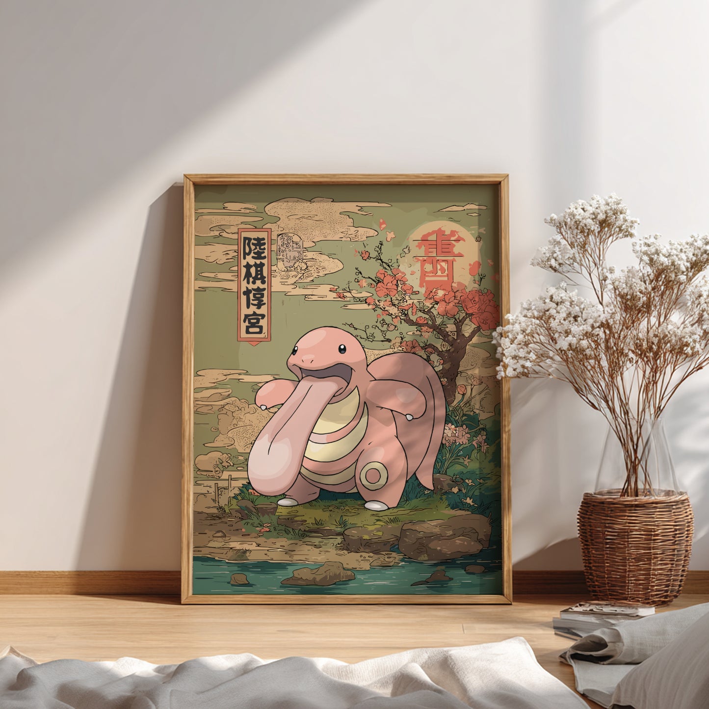 Framed artwork of Lickitung Pokemon with traditional elements on a wall.