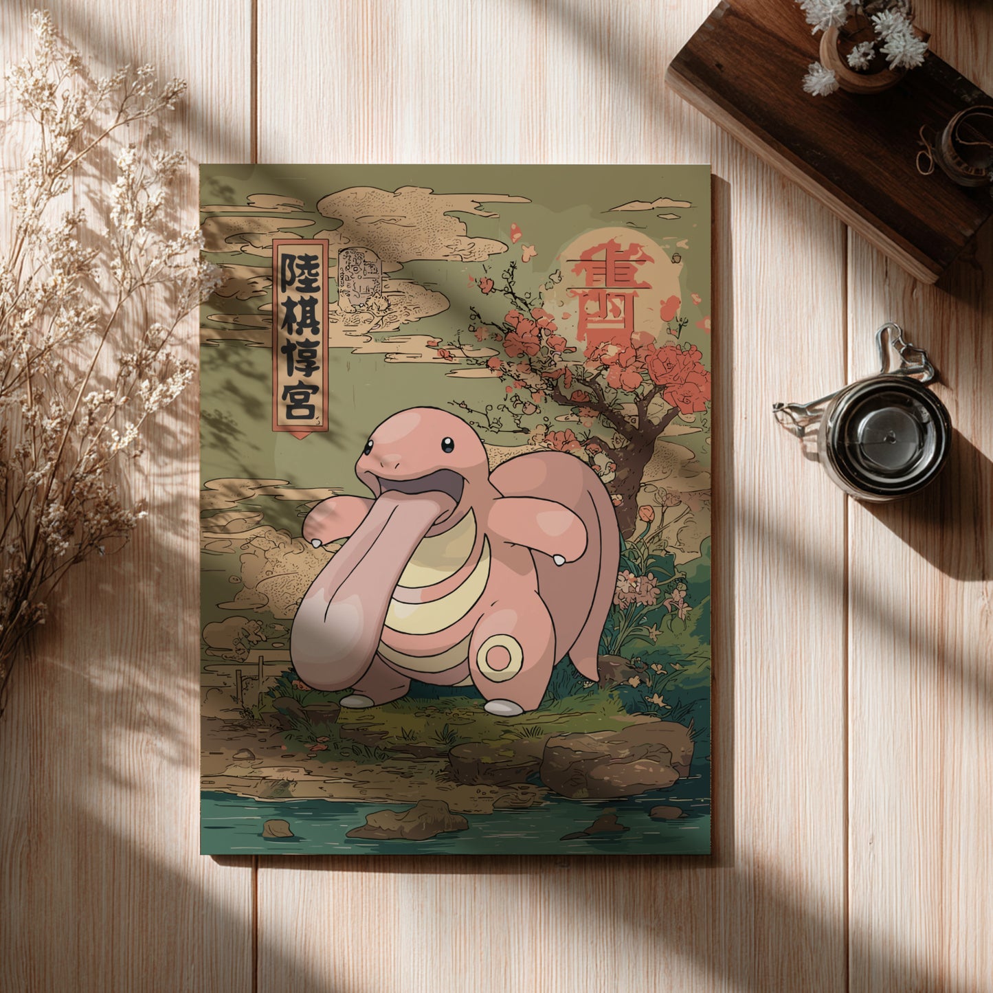 Illustrated poster with Lickitung Pokemon design on a wooden surface