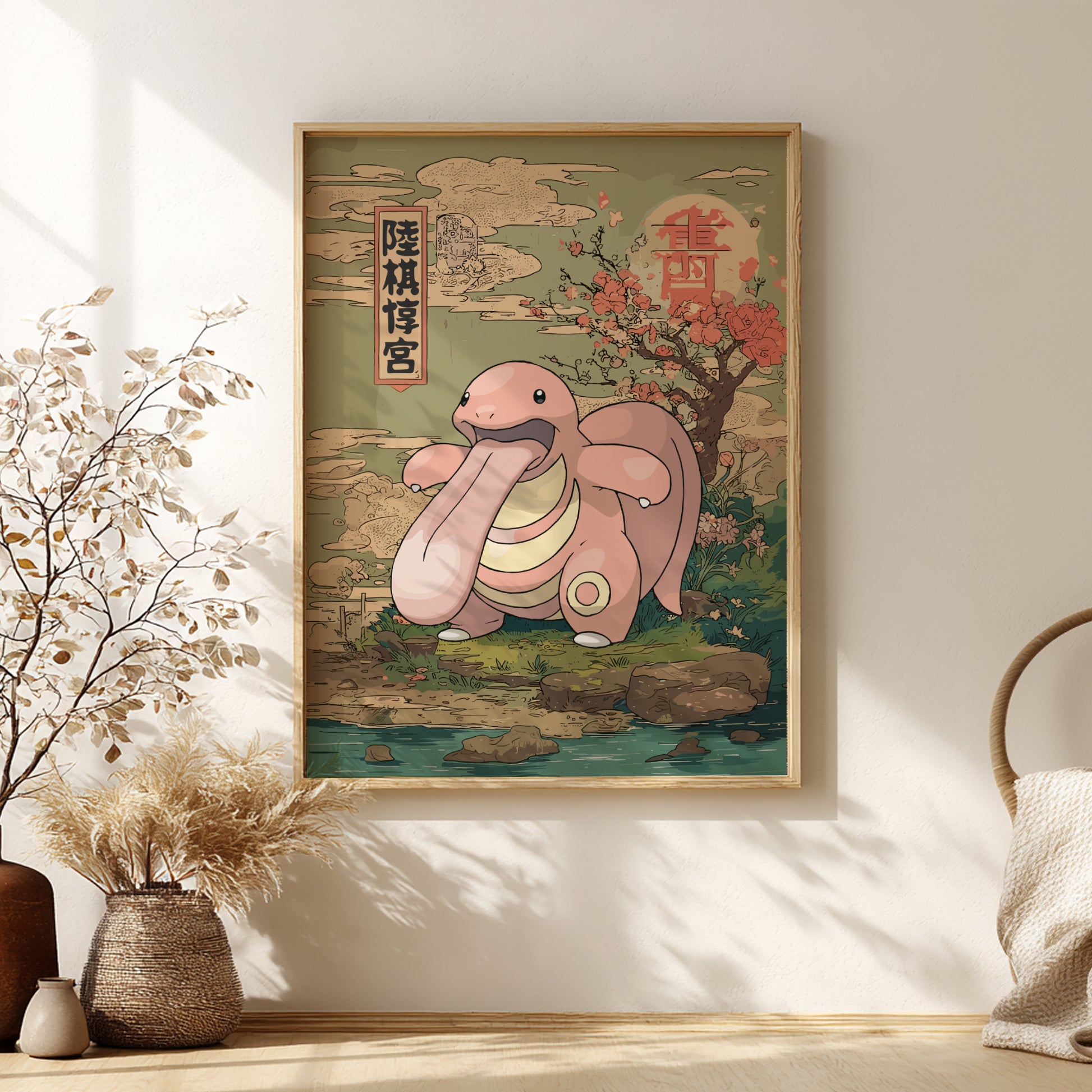 Framed artwork of Lickitung Pokemon with a nature-themed background on a wall.