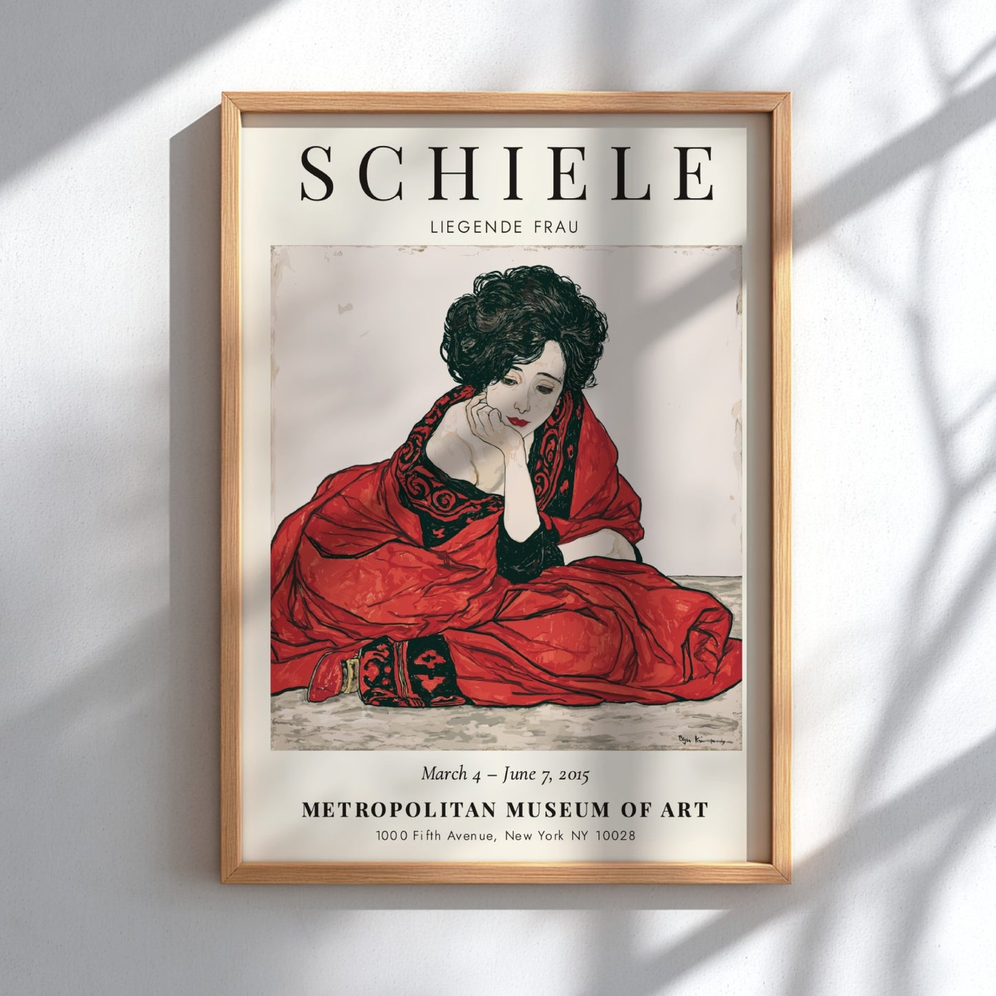 Egon Schiele Exhibition Poster featuring Liegende Frau in red tones, expressive style and intricate lines
