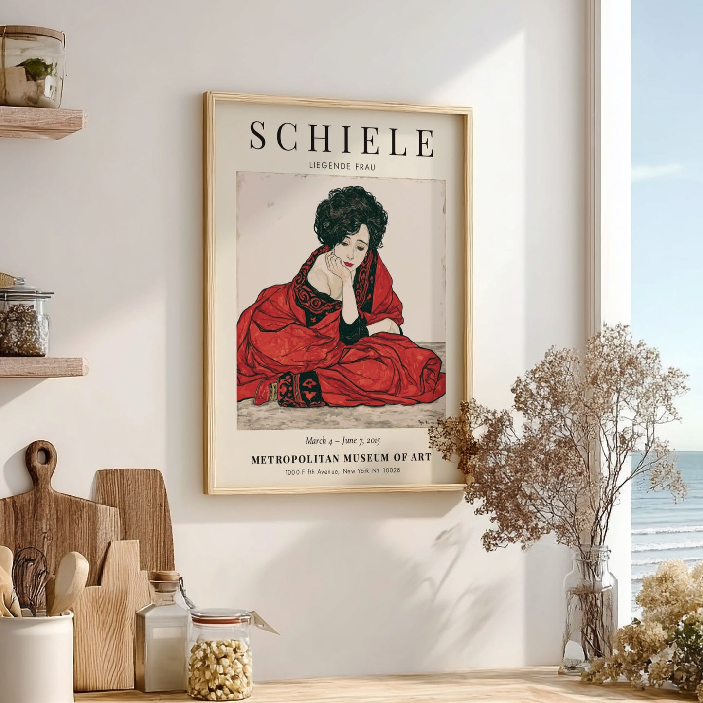 Egon Schiele Exhibition Poster featuring Liegende Frau in red tones, expressive style and intricate lines