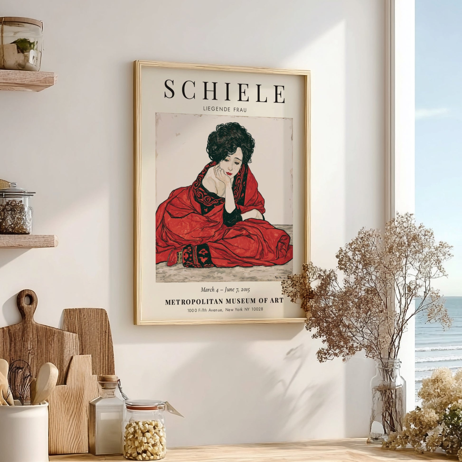 Egon Schiele Exhibition Poster featuring Liegende Frau in red tones, expressive style and intricate lines