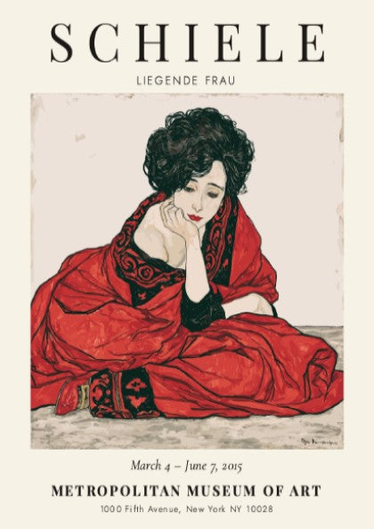 Egon Schiele Exhibition Poster featuring Liegende Frau in red tones, expressive style and intricate lines