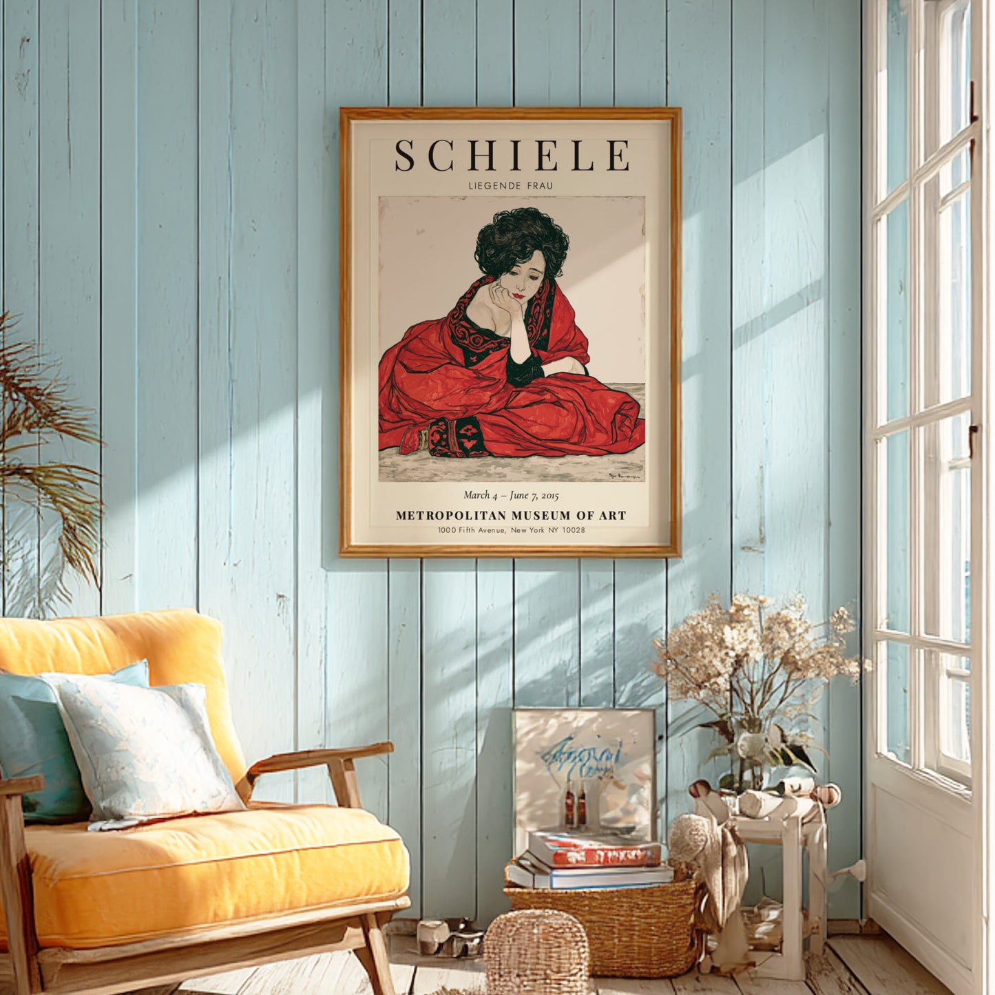 Egon Schiele Exhibition Poster featuring Liegende Frau in red tones, expressive style and intricate lines