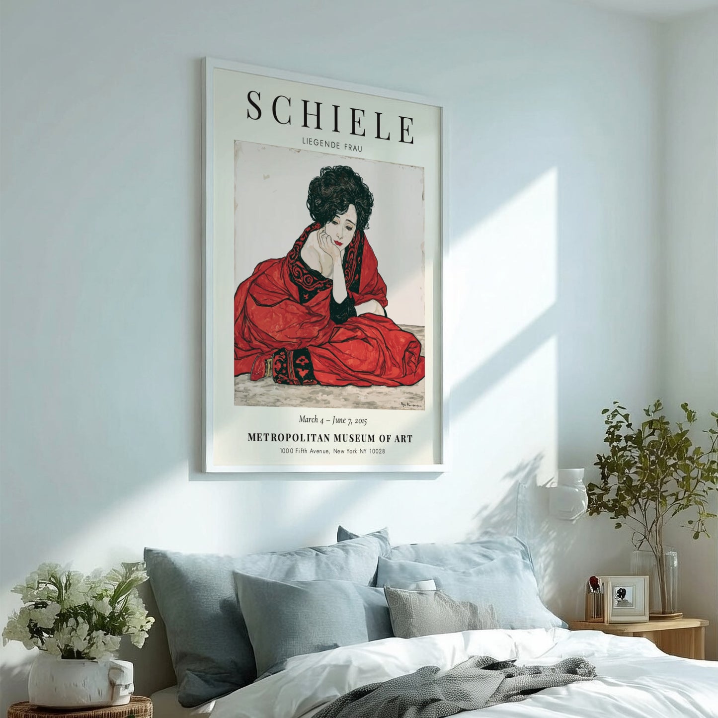 Egon Schiele Exhibition Poster featuring Liegende Frau in red tones, expressive style and intricate lines